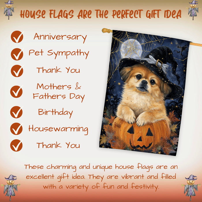 Pekingese Dog Halloween Witch Hat House Flag 28 x 40 Inch Double Sided Pumpkin Lantern Porch Banner for Autumn Home Outdoor Decoration