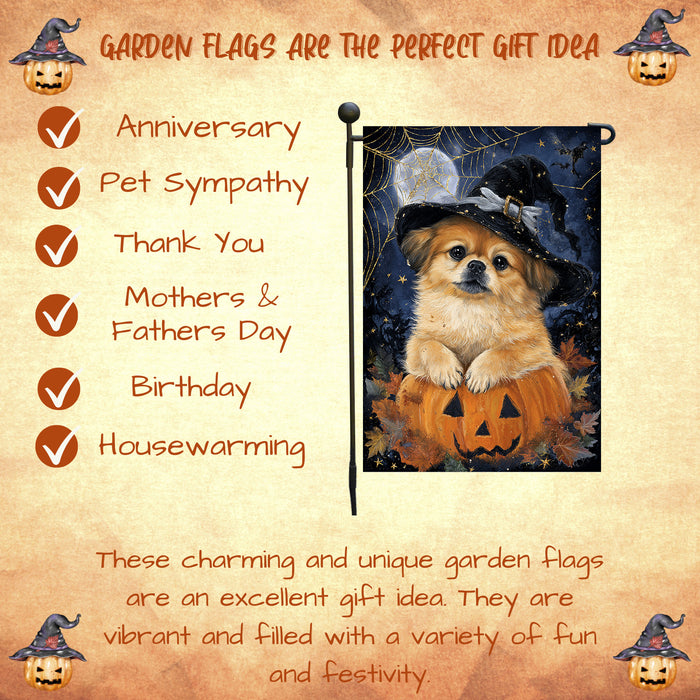 Pekingese Dog Halloween Garden Flag 12.5 x 18 Inch Witch Hat Pumpkin Lantern Outdoor Yard Banner for Fall Porch Lawn Decoration