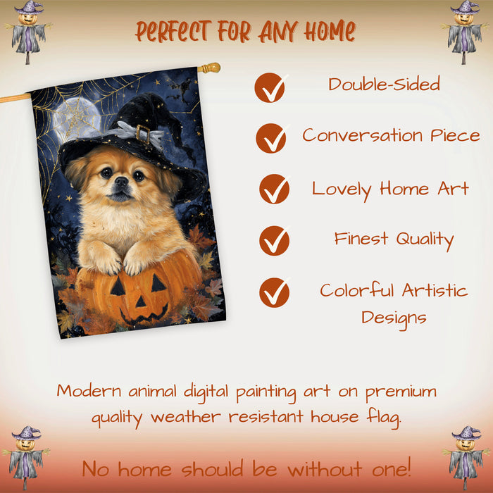 Pekingese Dog Halloween Witch Hat House Flag 28 x 40 Inch Double Sided Pumpkin Lantern Porch Banner for Autumn Home Outdoor Decoration