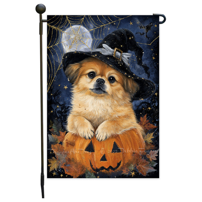 Pekingese Dog Halloween Garden Flag 12.5 x 18 Inch Witch Hat Pumpkin Lantern Outdoor Yard Banner for Fall Porch Lawn Decoration