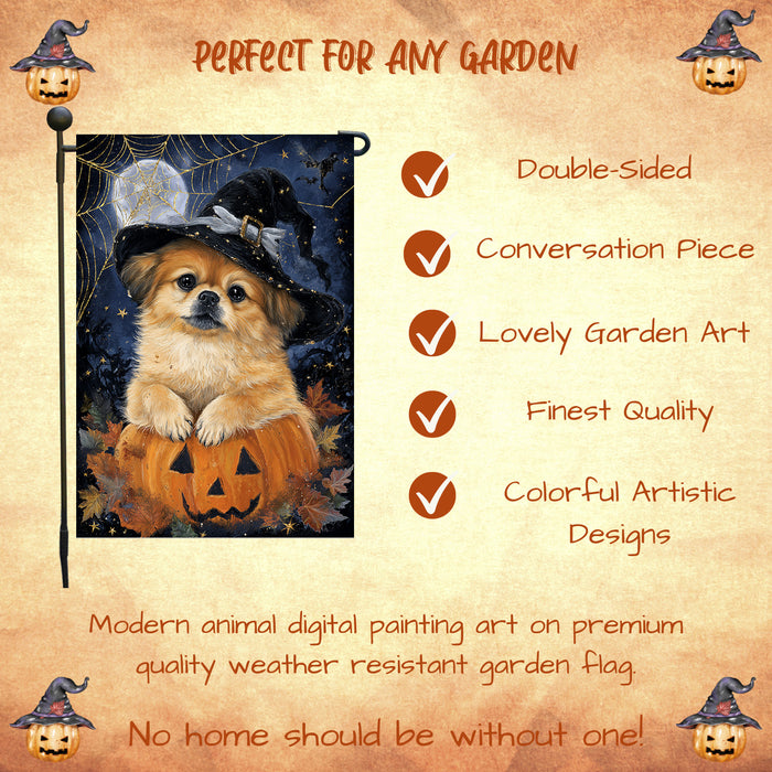 Pekingese Dog Halloween Garden Flag 12.5 x 18 Inch Witch Hat Pumpkin Lantern Outdoor Yard Banner for Fall Porch Lawn Decoration