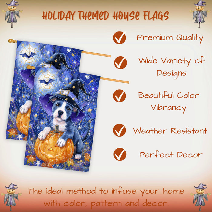 Pitbull Halloween Pumpkin Witch Hat House Flag 28 x 40 Inch Double Sided Spider Web Bat Porch Flag for Fall Outdoor Decoration