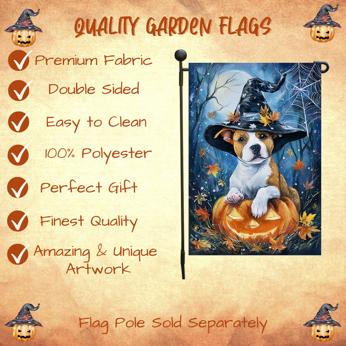 Pit Bull Halloween Garden Flag 12.5 x 18 Inch Witch Hat Pumpkin Bat Outdoor Yard Banner for Fall Porch Lawn Holiday Decoration