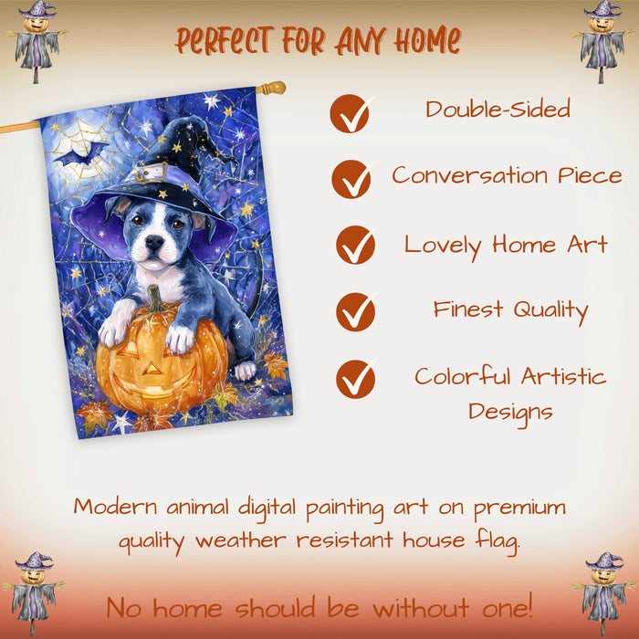Pitbull Halloween Pumpkin Witch Hat House Flag 28 x 40 Inch Double Sided Spider Web Bat Porch Flag for Fall Outdoor Decoration