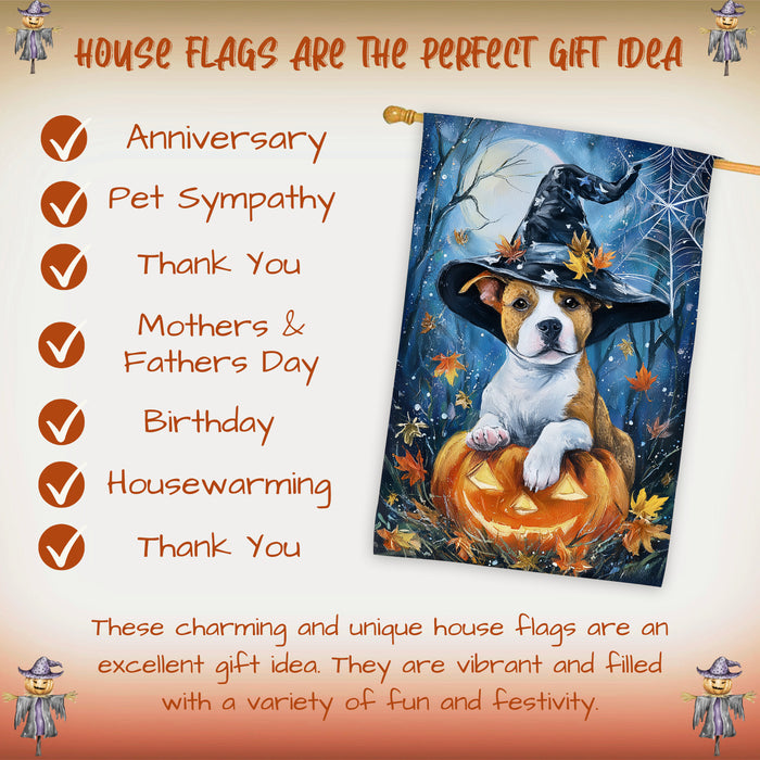 Pit Bull Halloween Witch Hat House Flag 28 x 40 Inch Double Sided Pumpkin Bat Full Moon Porch Banner for Fall Outdoor Yard Display