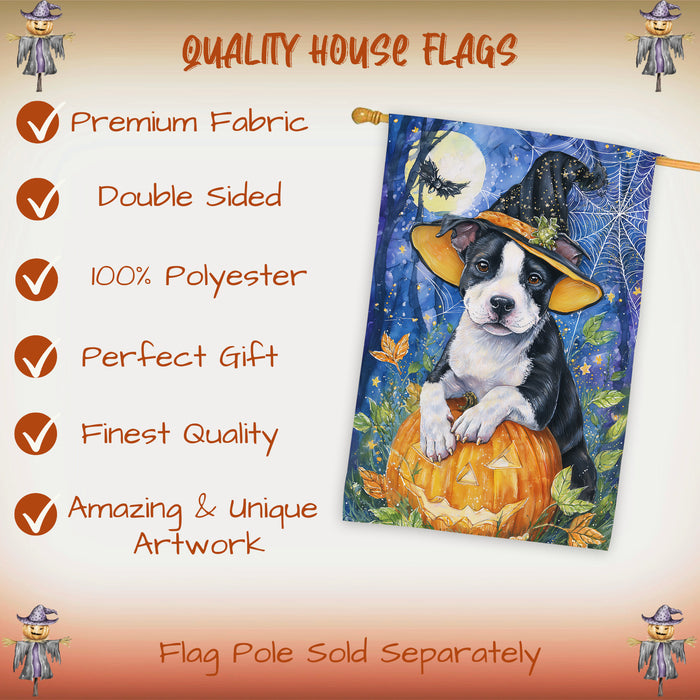 Pitbull Halloween Witch Hat House Flag 28 x 40 Inch Double Sided Pumpkin Jack O Lantern Porch Banner for Autumn Outdoor Home Decoration