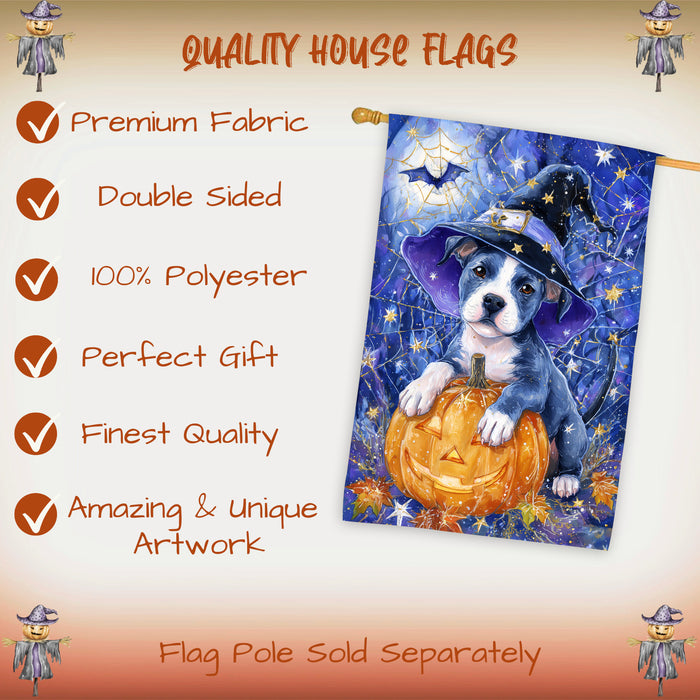 Pitbull Halloween Pumpkin Witch Hat House Flag 28 x 40 Inch Double Sided Spider Web Bat Porch Flag for Fall Outdoor Decoration