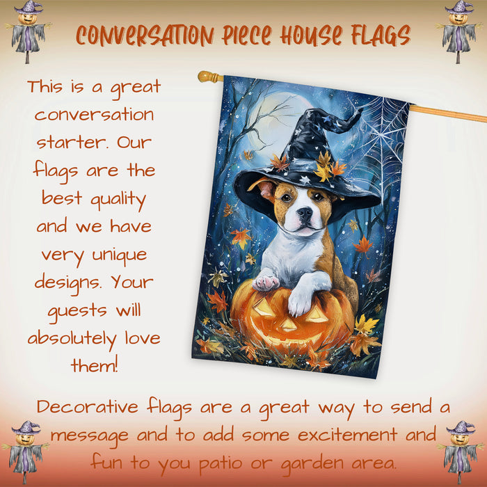 Pit Bull Halloween Witch Hat House Flag 28 x 40 Inch Double Sided Pumpkin Bat Full Moon Porch Banner for Fall Outdoor Yard Display