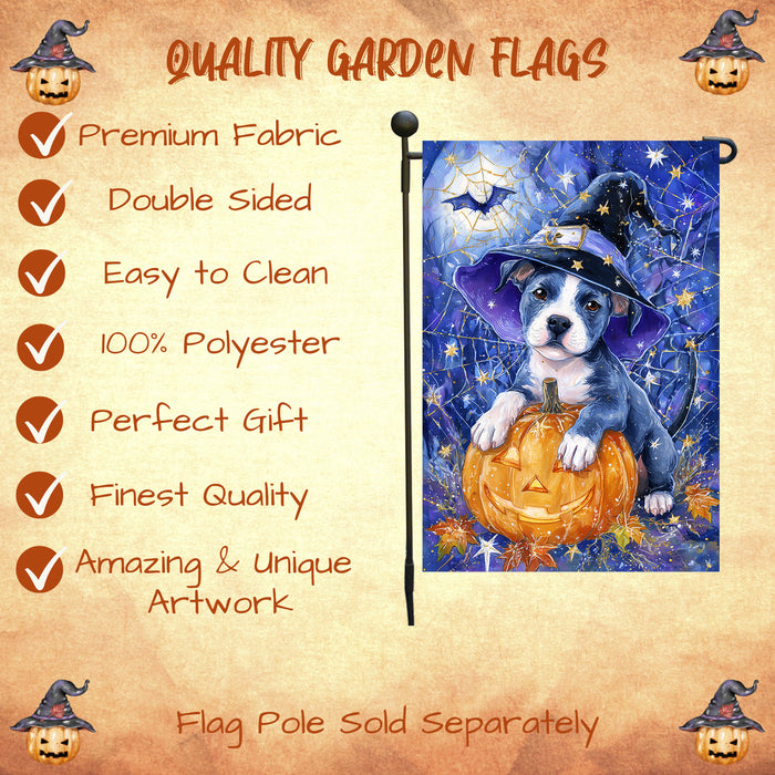 Pitbull Witch Hat Halloween Garden Flag 12.5 x 18 Inch Pumpkin Spider Web Bat Farmhouse Outdoor Yard Banner for Fall Dog Lover Decoration
