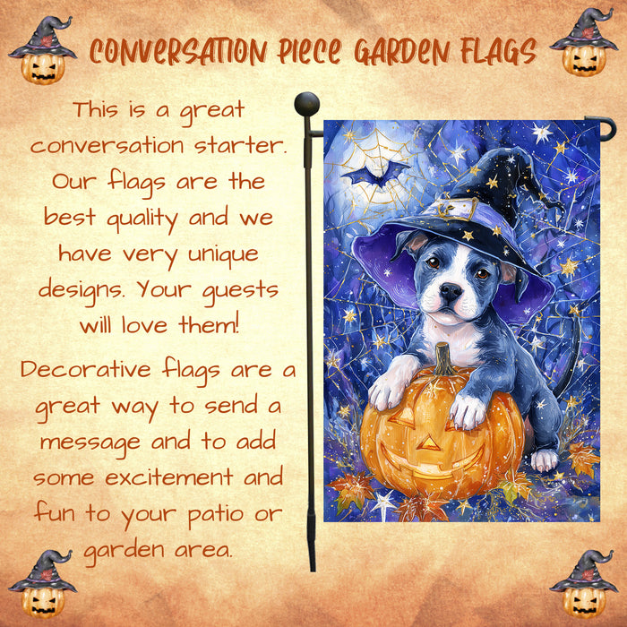 Pitbull Witch Hat Halloween Garden Flag 12.5 x 18 Inch Pumpkin Spider Web Bat Farmhouse Outdoor Yard Banner for Fall Dog Lover Decoration