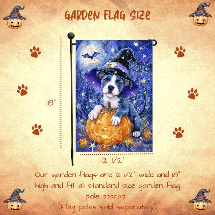 Pitbull Witch Hat Halloween Garden Flag 12.5 x 18 Inch Pumpkin Spider Web Bat Farmhouse Outdoor Yard Banner for Fall Dog Lover Decoration