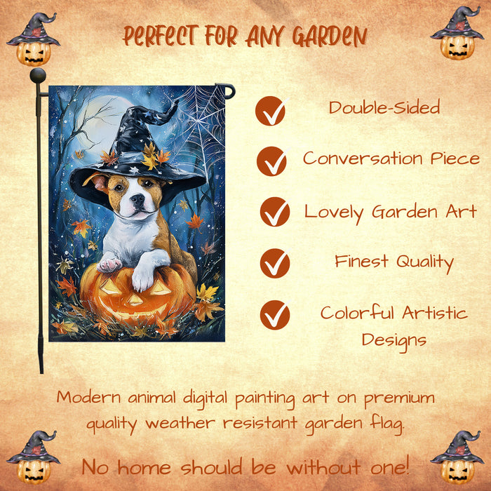 Pit Bull Halloween Garden Flag 12.5 x 18 Inch Witch Hat Pumpkin Bat Outdoor Yard Banner for Fall Porch Lawn Holiday Decoration