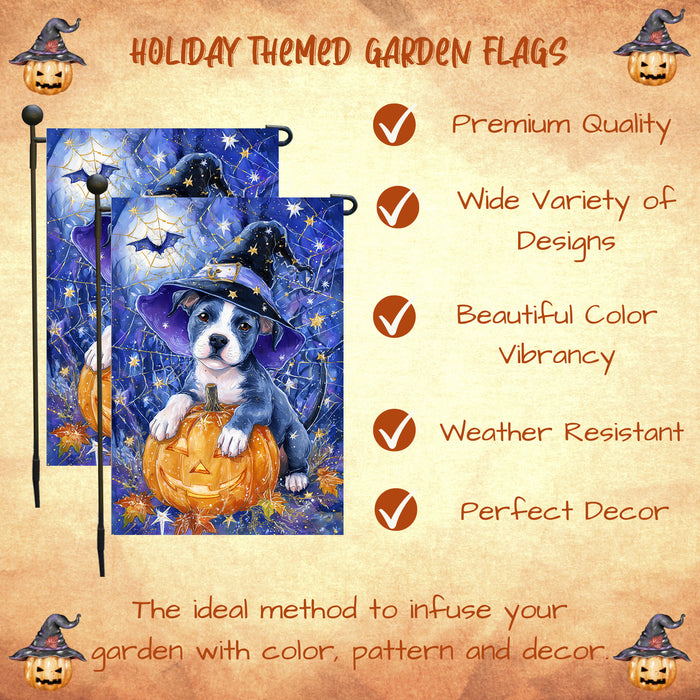 Pitbull Witch Hat Halloween Garden Flag 12.5 x 18 Inch Pumpkin Spider Web Bat Farmhouse Outdoor Yard Banner for Fall Dog Lover Decoration