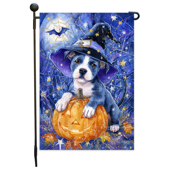 Pitbull Witch Hat Halloween Garden Flag 12.5 x 18 Inch Pumpkin Spider Web Bat Farmhouse Outdoor Yard Banner for Fall Dog Lover Decoration