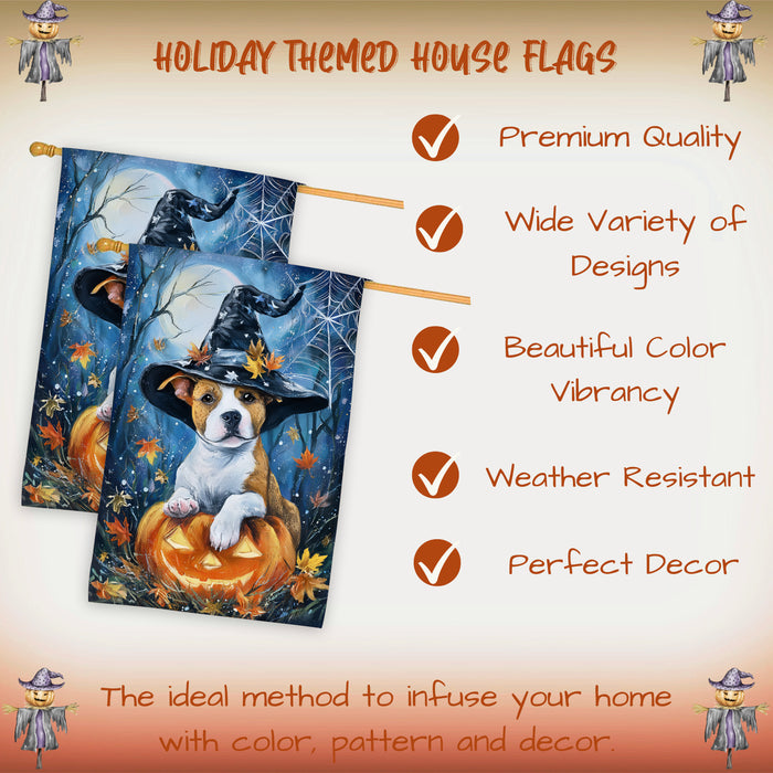 Pit Bull Halloween Witch Hat House Flag 28 x 40 Inch Double Sided Pumpkin Bat Full Moon Porch Banner for Fall Outdoor Yard Display