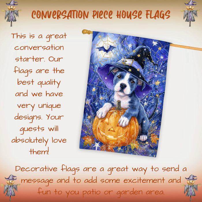 Pitbull Halloween Pumpkin Witch Hat House Flag 28 x 40 Inch Double Sided Spider Web Bat Porch Flag for Fall Outdoor Decoration