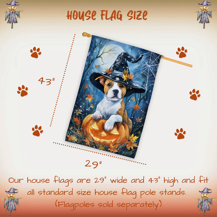 Pit Bull Halloween Witch Hat House Flag 28 x 40 Inch Double Sided Pumpkin Bat Full Moon Porch Banner for Fall Outdoor Yard Display