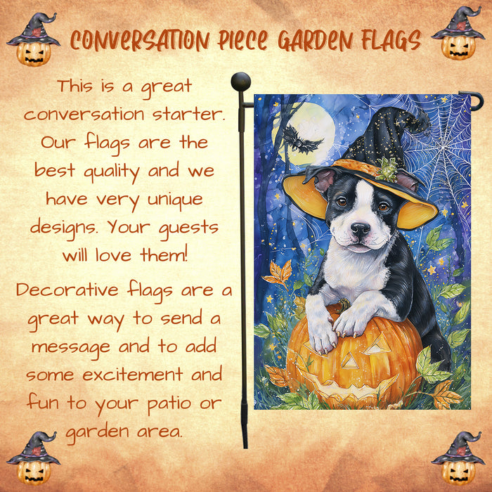 Pitbull Halloween Garden Flag 12.5 x 18 Inch Witch Hat Pumpkin Jack O Lantern Outdoor Yard Banner for Fall Dog Lover Decoration