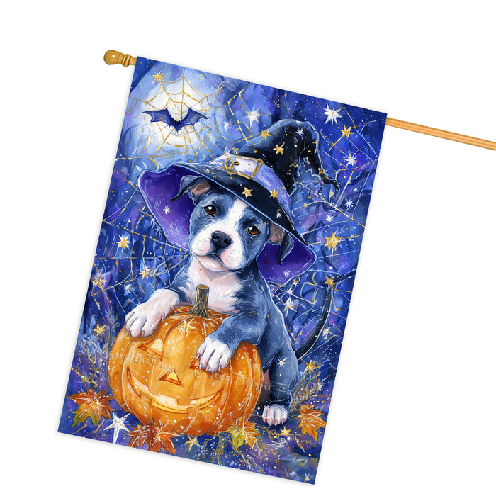 Pitbull Halloween Pumpkin Witch Hat House Flag 28 x 40 Inch Double Sided Spider Web Bat Porch Flag for Fall Outdoor Decoration