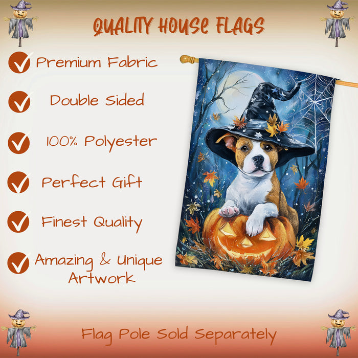 Pit Bull Halloween Witch Hat House Flag 28 x 40 Inch Double Sided Pumpkin Bat Full Moon Porch Banner for Fall Outdoor Yard Display