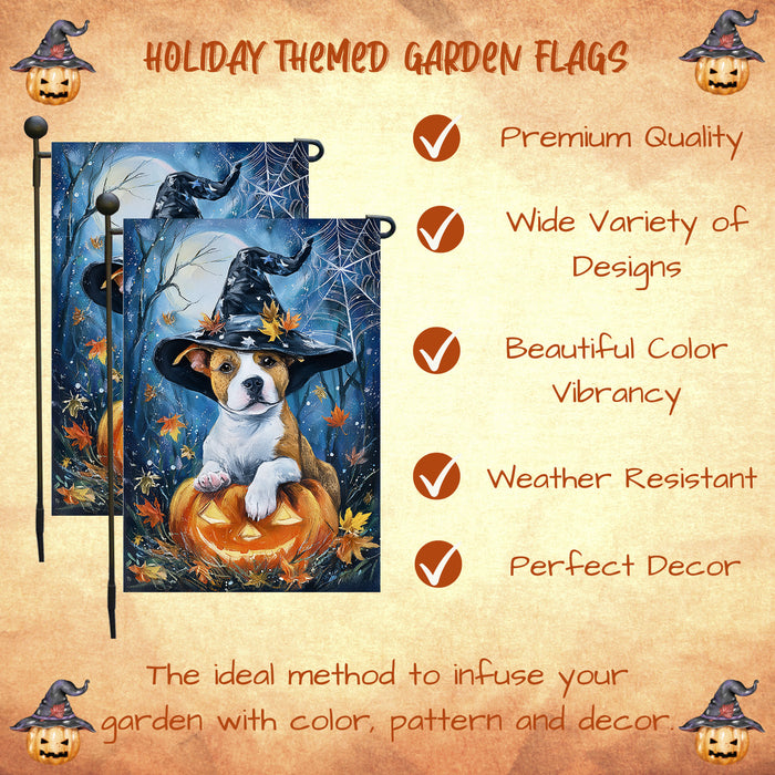 Pit Bull Halloween Garden Flag 12.5 x 18 Inch Witch Hat Pumpkin Bat Outdoor Yard Banner for Fall Porch Lawn Holiday Decoration