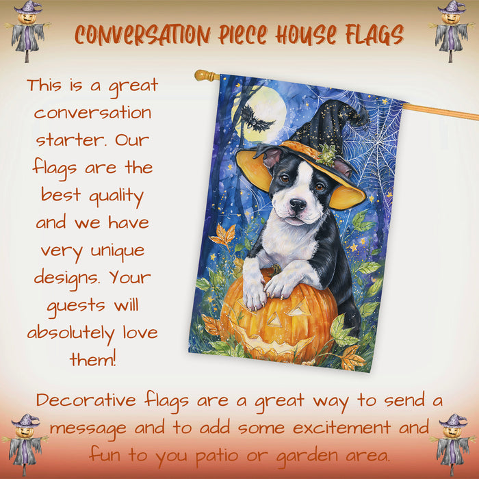 Pitbull Halloween Witch Hat House Flag 28 x 40 Inch Double Sided Pumpkin Jack O Lantern Porch Banner for Autumn Outdoor Home Decoration