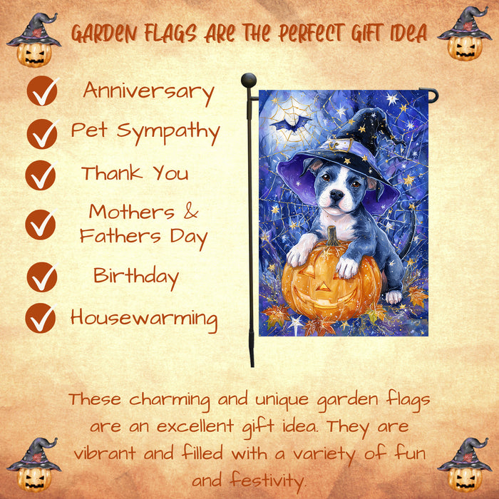 Pitbull Witch Hat Halloween Garden Flag 12.5 x 18 Inch Pumpkin Spider Web Bat Farmhouse Outdoor Yard Banner for Fall Dog Lover Decoration
