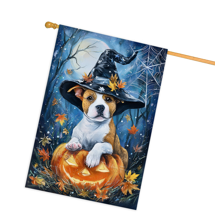 Pit Bull Halloween Witch Hat House Flag 28 x 40 Inch Double Sided Pumpkin Bat Full Moon Porch Banner for Fall Outdoor Yard Display