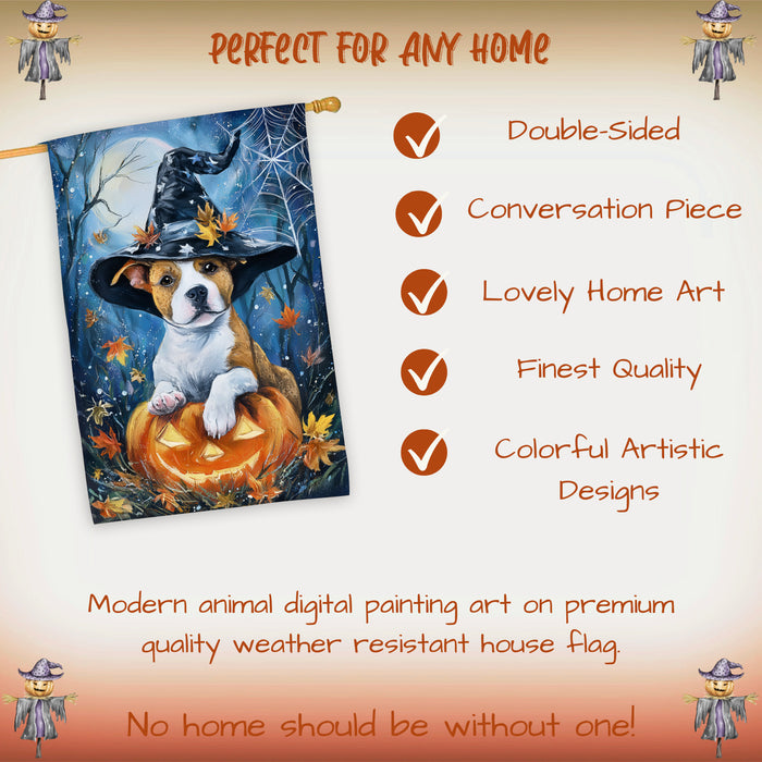 Pit Bull Halloween Witch Hat House Flag 28 x 40 Inch Double Sided Pumpkin Bat Full Moon Porch Banner for Fall Outdoor Yard Display
