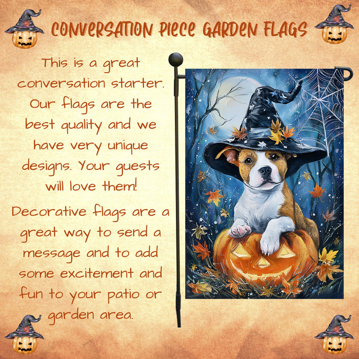 Pit Bull Halloween Garden Flag 12.5 x 18 Inch Witch Hat Pumpkin Bat Outdoor Yard Banner for Fall Porch Lawn Holiday Decoration