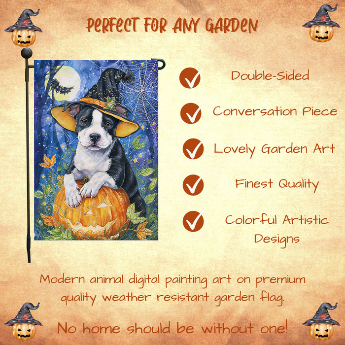 Pitbull Halloween Garden Flag 12.5 x 18 Inch Witch Hat Pumpkin Jack O Lantern Outdoor Yard Banner for Fall Dog Lover Decoration