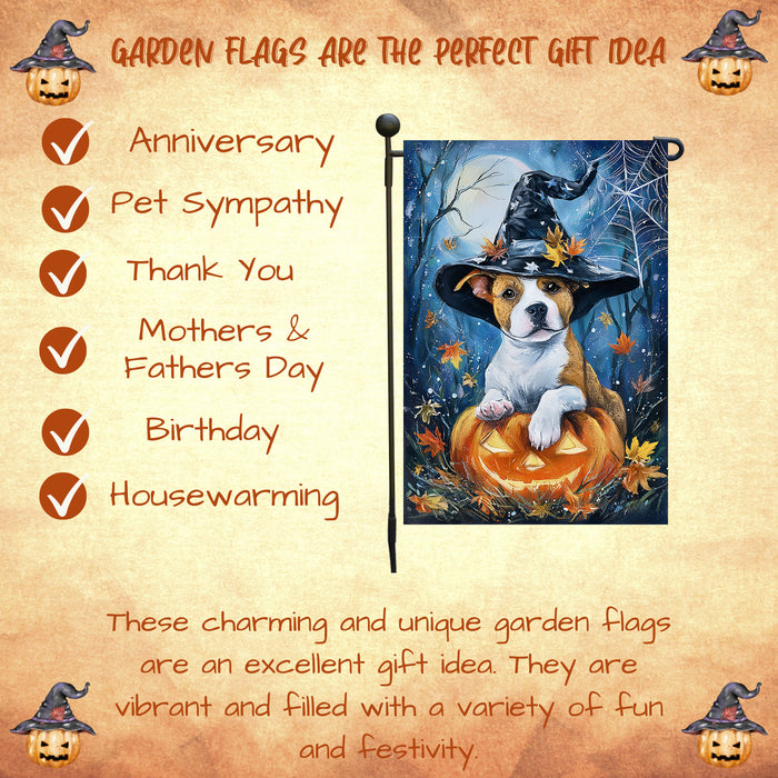 Pit Bull Halloween Garden Flag 12.5 x 18 Inch Witch Hat Pumpkin Bat Outdoor Yard Banner for Fall Porch Lawn Holiday Decoration