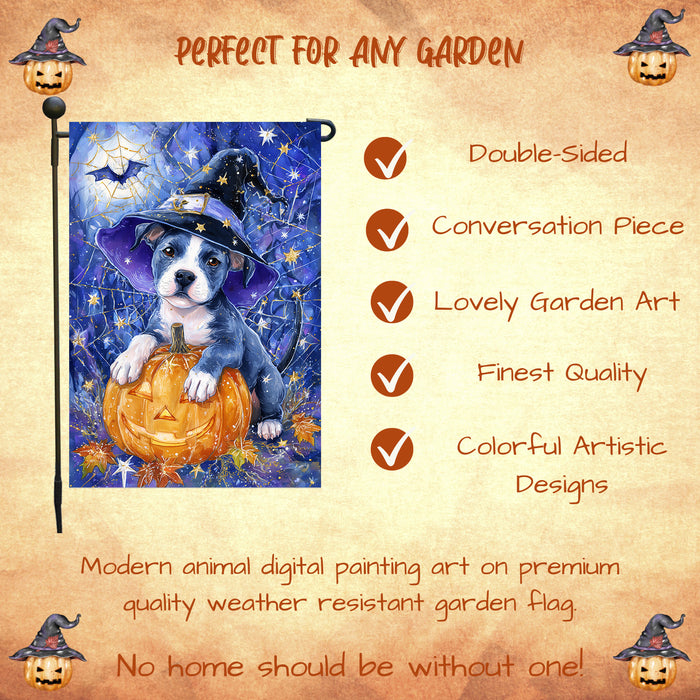 Pitbull Witch Hat Halloween Garden Flag 12.5 x 18 Inch Pumpkin Spider Web Bat Farmhouse Outdoor Yard Banner for Fall Dog Lover Decoration