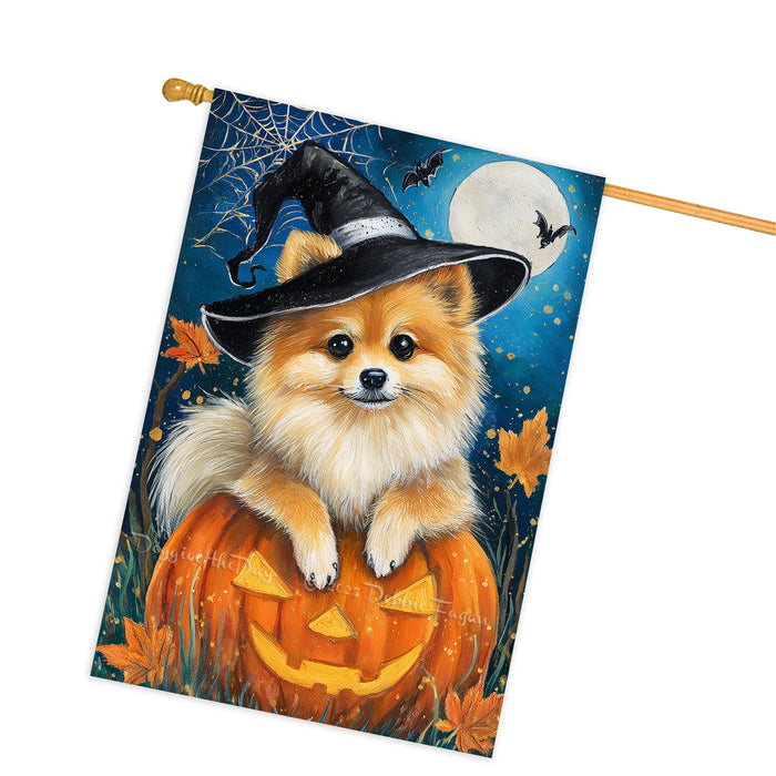Pomeranian Dog Halloween Witch Hat House Flag 28 x 40 Inch Double Sided Pumpkin Spider Web Bat Porch Banner for Fall Outdoor Home Decoration