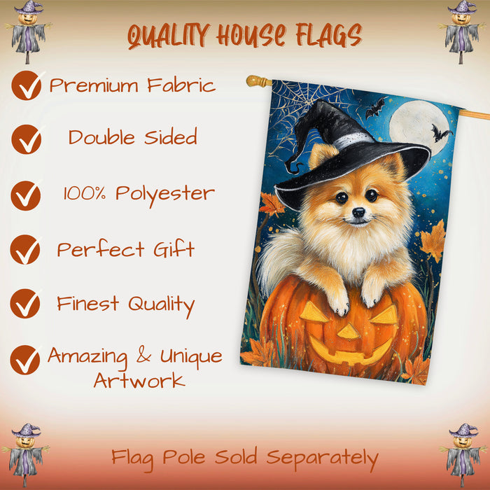 Pomeranian Dog Halloween Witch Hat House Flag 28 x 40 Inch Double Sided Pumpkin Spider Web Bat Porch Banner for Fall Outdoor Home Decoration