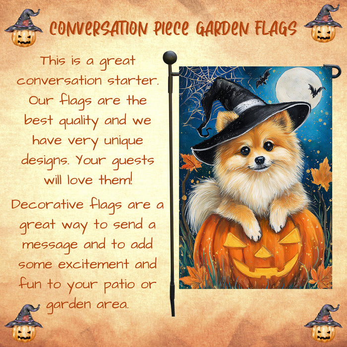 Pomeranian Halloween Garden Flag 12.5 x 18 Inch Witch Hat Pumpkin Spider Web Outdoor Yard Banner for Fall Dog Lover Decoration
