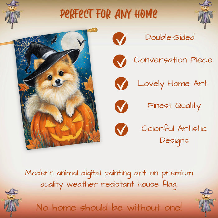 Pomeranian Dog Halloween Witch Hat House Flag 28 x 40 Inch Double Sided Pumpkin Spider Web Bat Porch Banner for Fall Outdoor Home Decoration