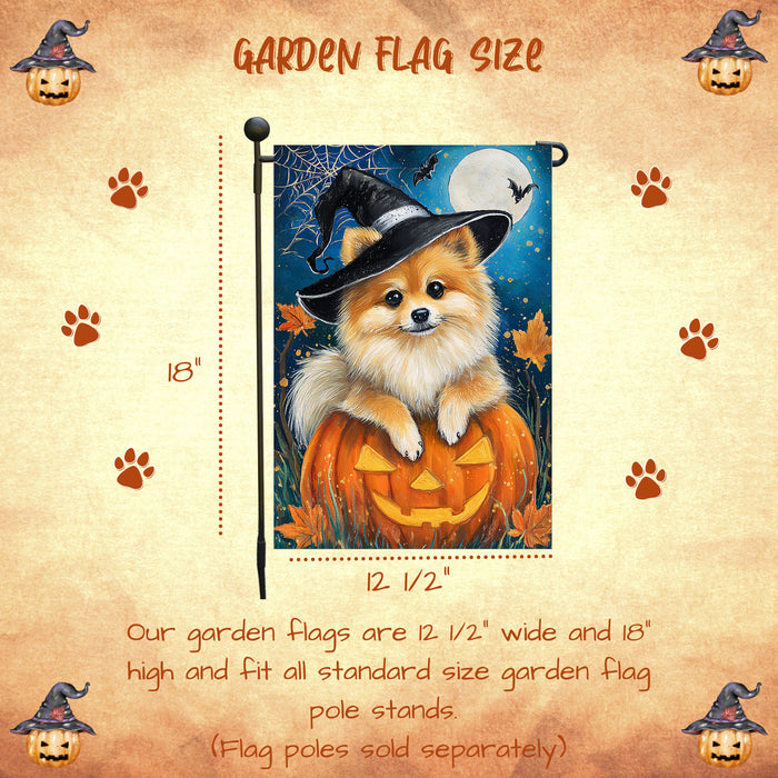 Pomeranian Halloween Garden Flag 12.5 x 18 Inch Witch Hat Pumpkin Spider Web Outdoor Yard Banner for Fall Dog Lover Decoration