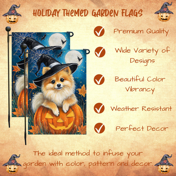 Pomeranian Halloween Garden Flag 12.5 x 18 Inch Witch Hat Pumpkin Spider Web Outdoor Yard Banner for Fall Dog Lover Decoration