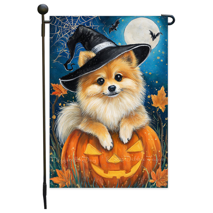 Pomeranian Halloween Garden Flag 12.5 x 18 Inch Witch Hat Pumpkin Spider Web Outdoor Yard Banner for Fall Dog Lover Decoration