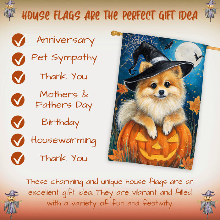 Pomeranian Dog Halloween Witch Hat House Flag 28 x 40 Inch Double Sided Pumpkin Spider Web Bat Porch Banner for Fall Outdoor Home Decoration