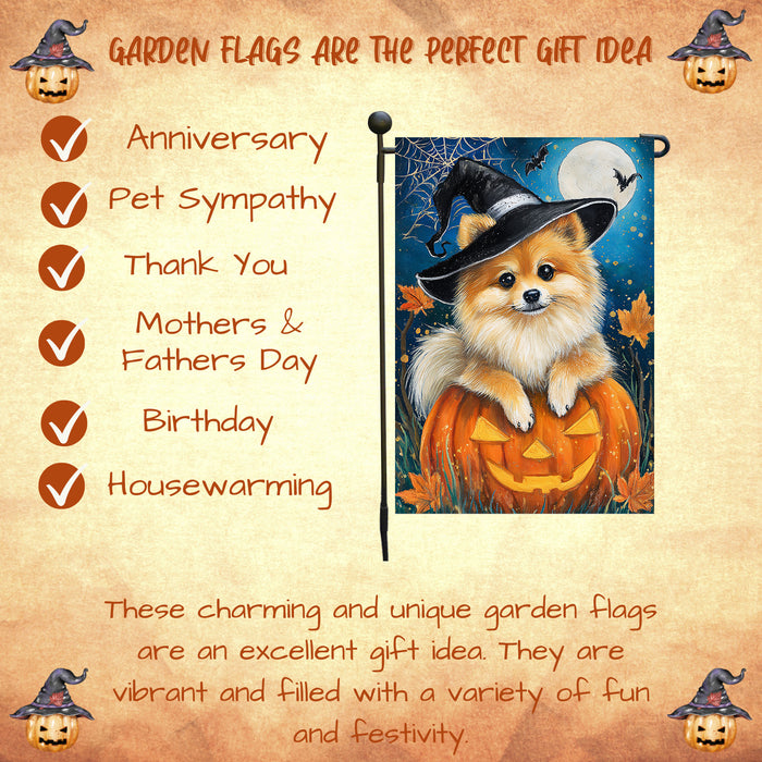 Pomeranian Halloween Garden Flag 12.5 x 18 Inch Witch Hat Pumpkin Spider Web Outdoor Yard Banner for Fall Dog Lover Decoration