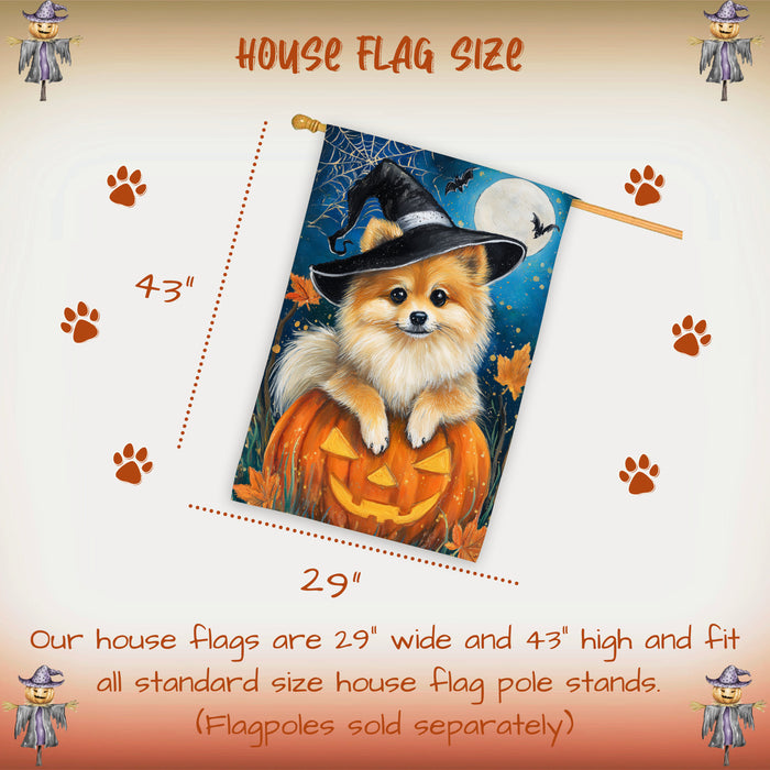 Pomeranian Dog Halloween Witch Hat House Flag 28 x 40 Inch Double Sided Pumpkin Spider Web Bat Porch Banner for Fall Outdoor Home Decoration