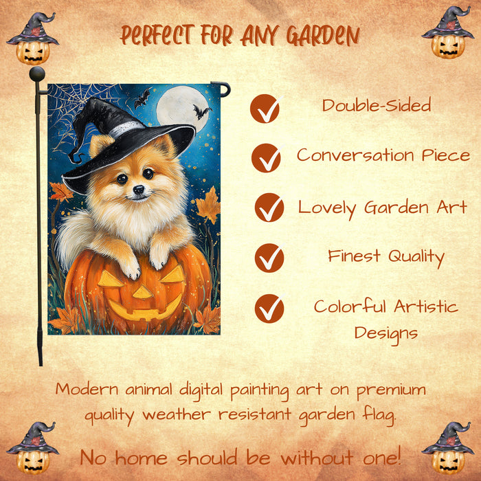 Pomeranian Halloween Garden Flag 12.5 x 18 Inch Witch Hat Pumpkin Spider Web Outdoor Yard Banner for Fall Dog Lover Decoration
