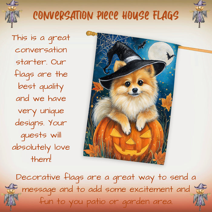 Pomeranian Dog Halloween Witch Hat House Flag 28 x 40 Inch Double Sided Pumpkin Spider Web Bat Porch Banner for Fall Outdoor Home Decoration