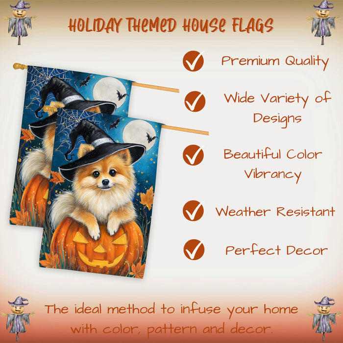 Pomeranian Dog Halloween Witch Hat House Flag 28 x 40 Inch Double Sided Pumpkin Spider Web Bat Porch Banner for Fall Outdoor Home Decoration
