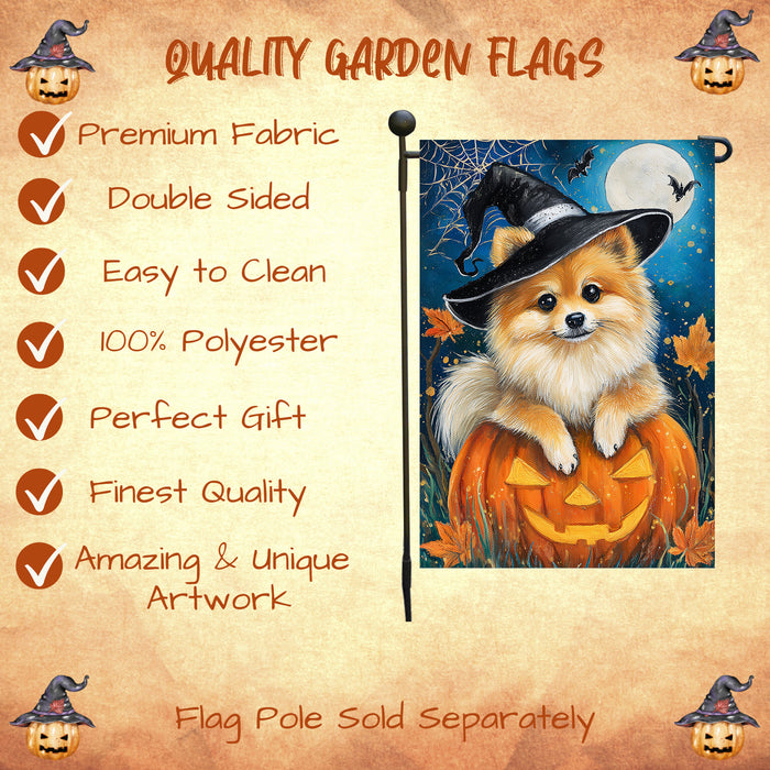 Pomeranian Halloween Garden Flag 12.5 x 18 Inch Witch Hat Pumpkin Spider Web Outdoor Yard Banner for Fall Dog Lover Decoration