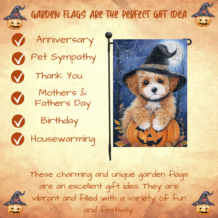 Poodle Dog Outdoor Halloween Garden Flag Witch Hat Pumpkin Fall Yard Decoration Jack O Lantern Spider Web Holiday Party Decor Single or Double Sided 12.5 x 18 Inch