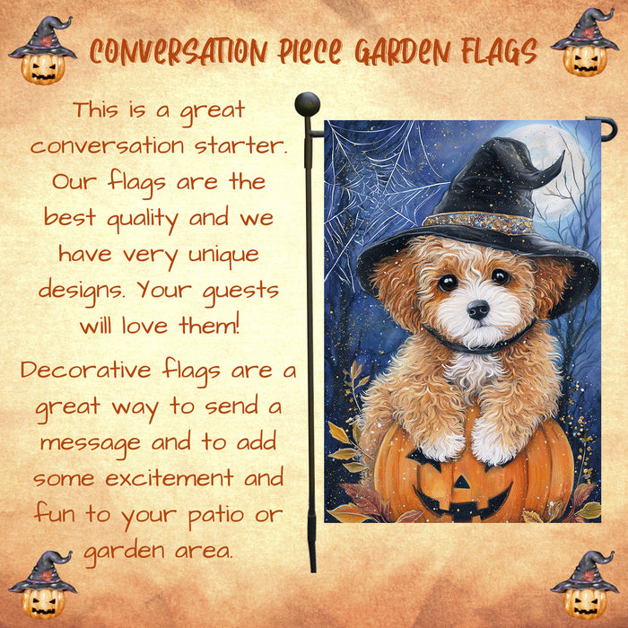 Poodle Dog Outdoor Halloween Garden Flag Witch Hat Pumpkin Fall Yard Decoration Jack O Lantern Spider Web Holiday Party Decor Single or Double Sided 12.5 x 18 Inch