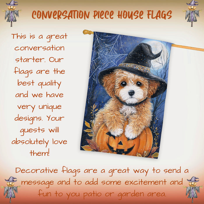 Poodle Dog Halloween House Flag Witch Hat Pumpkin Fall Outdoor Porch Decoration with Spider Web Design Double Sided 28 x 40 Inch